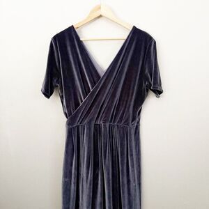 DESIR COUTURE | Slate Gray Blue Velvet Maxi Dress Short Sleeve Faux Wrap | XL